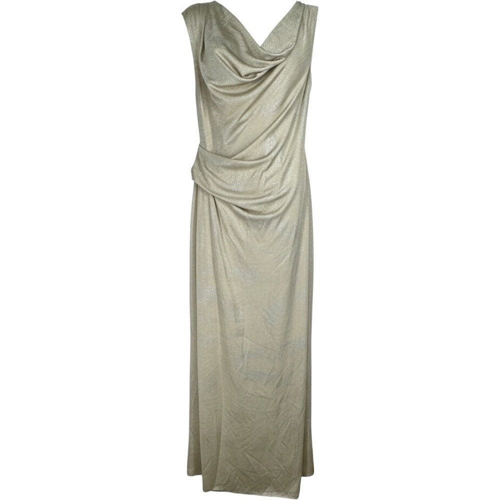 Connected Apparel Metallic Gold Cowl Neck Draped Rusched Maxi Dress Womens 12